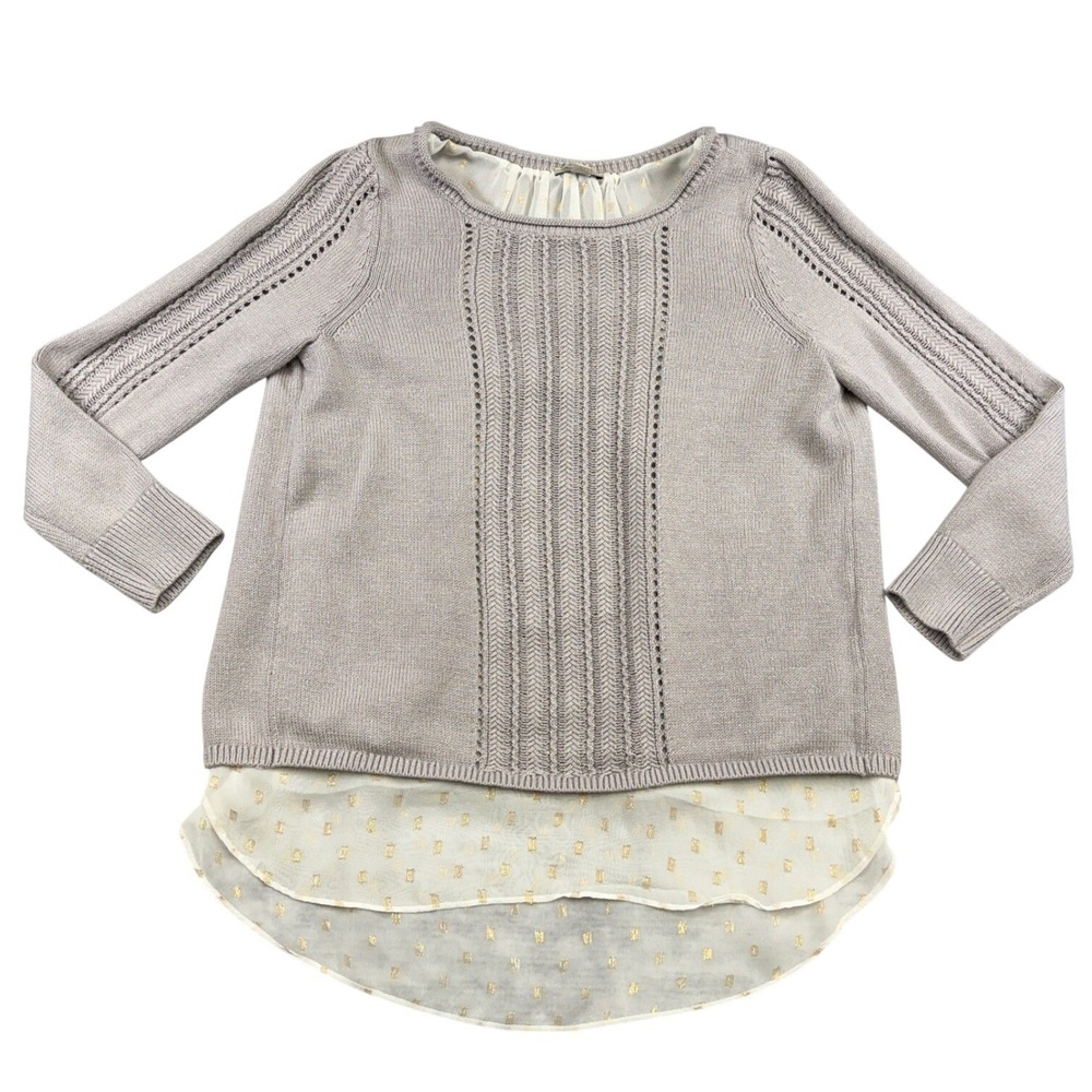 Lucky Brand Womens Mixed Media Pointelle Knit Sweater Metallic Chiffon  Taupe